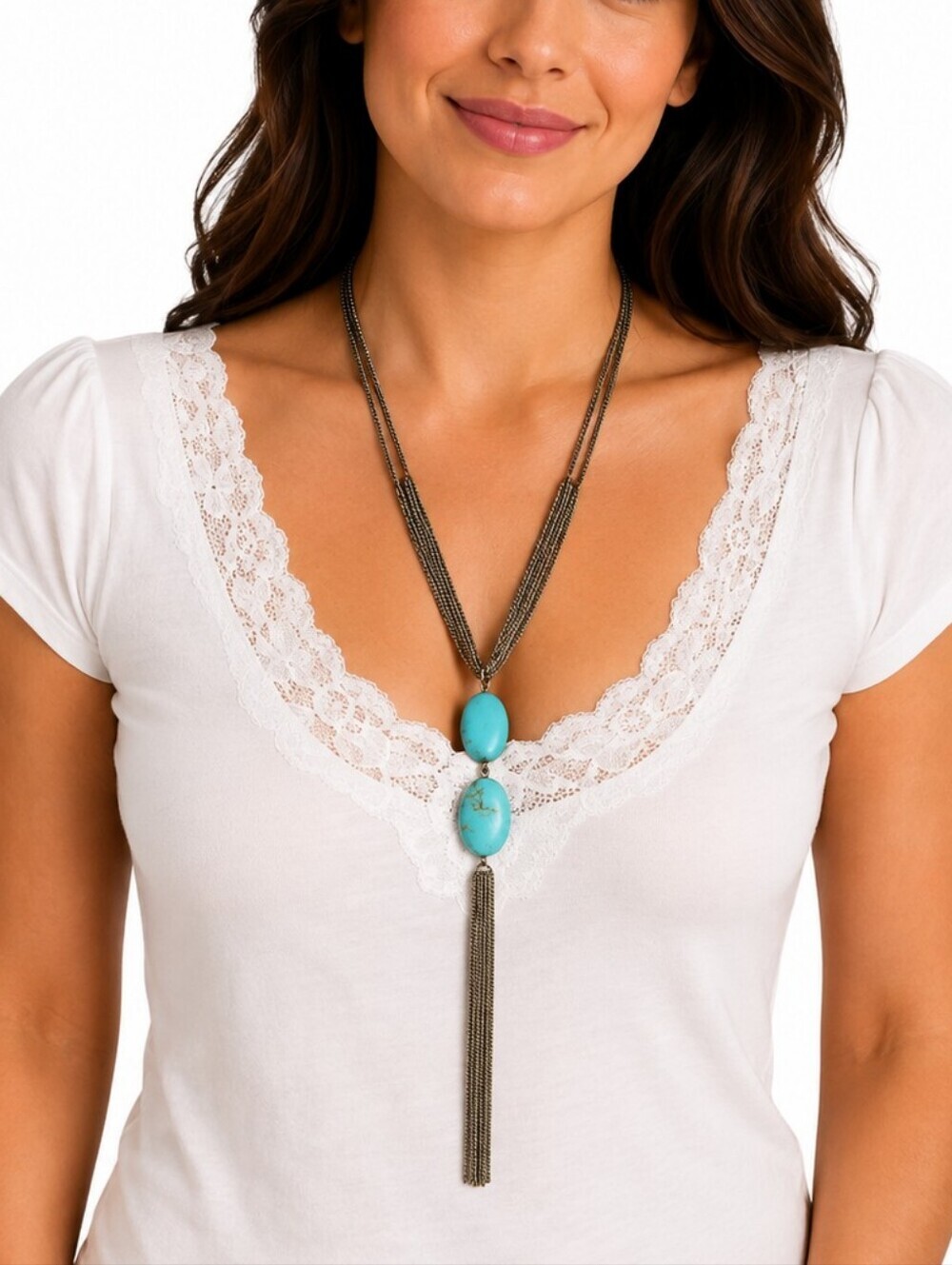 Vtg Multi-chain Faux Turquoise Bead Sautoir Tassel Mermaidcore Necklace